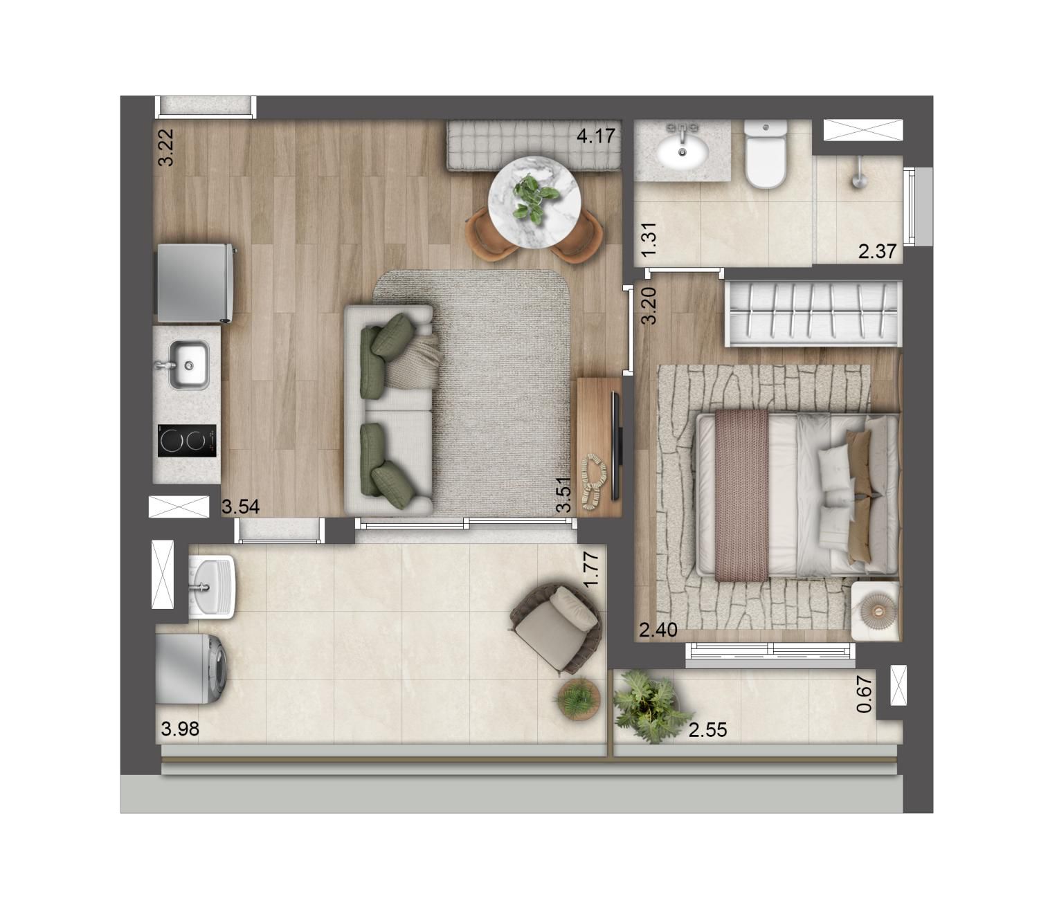 Planta 1 dormitório de 40 m² do T.O.M. Paraíso