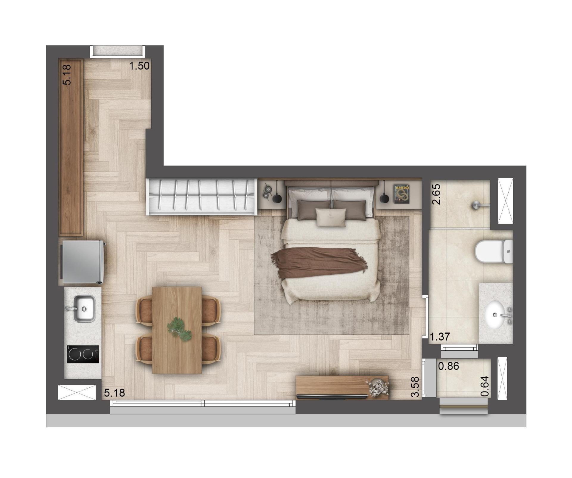 Planta Studio de 33 m² do T.O.M. Paraíso