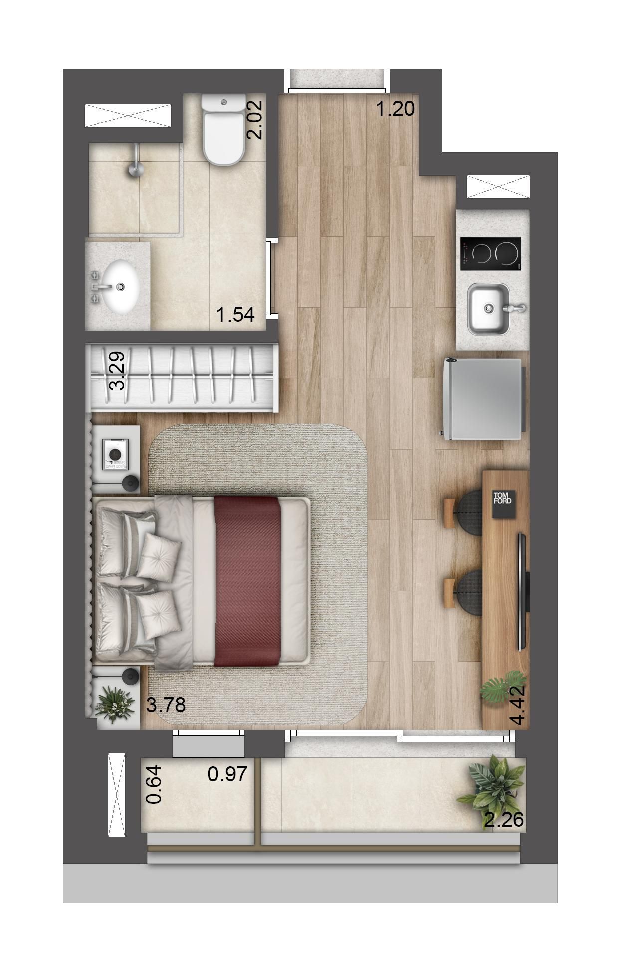 Planta Studio de 25 m² do T.O.M. Paraíso