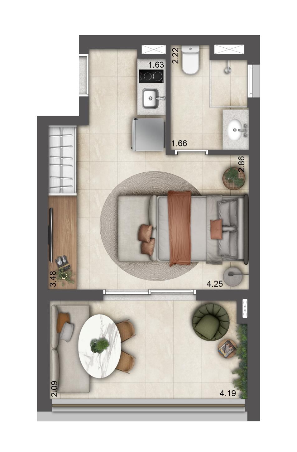 Planta Studio de 34 m² do T.O.M. Paraíso