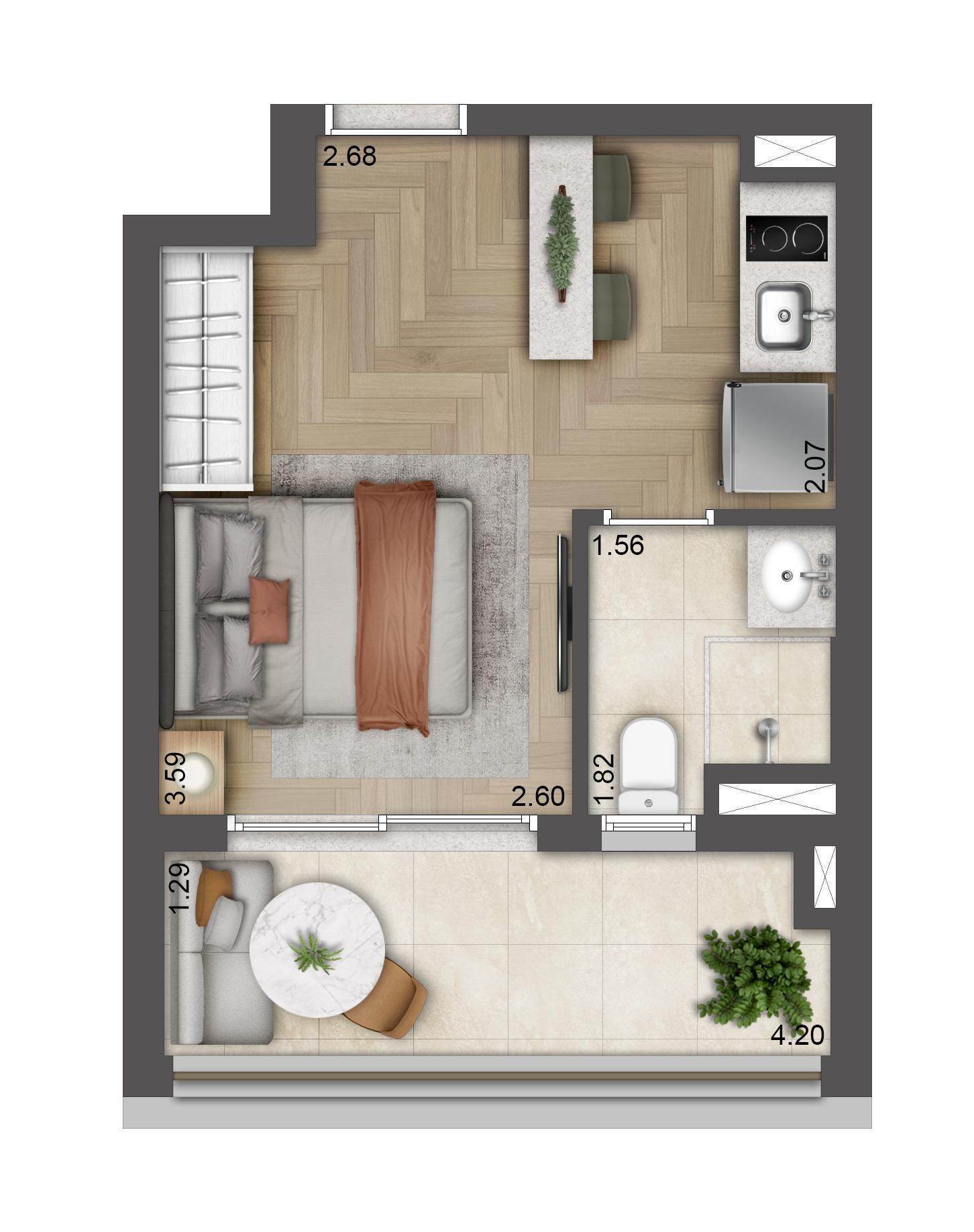 Planta Studio de 27 m² do T.O.M. Paraíso