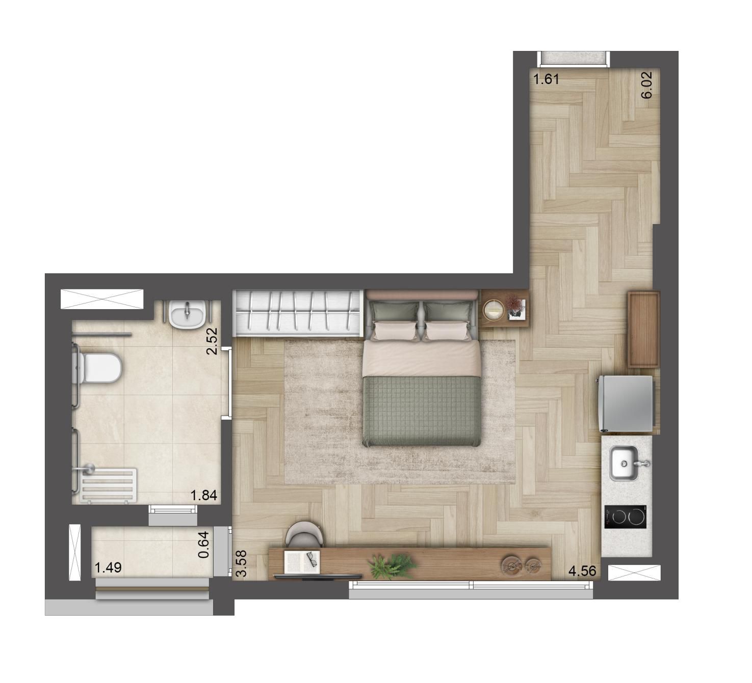 Planta Studio de 35 m² do T.O.M. Paraíso