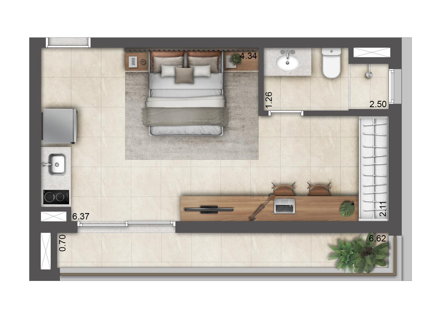 Planta Studio de 35 m² — opção do T.O.M. Paraíso