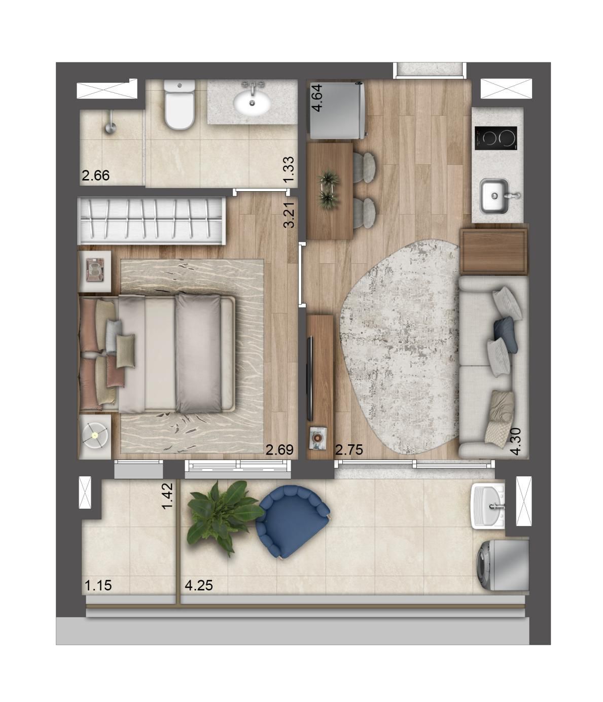 Planta 1 dormitório de 38 m² do T.O.M. Paraíso