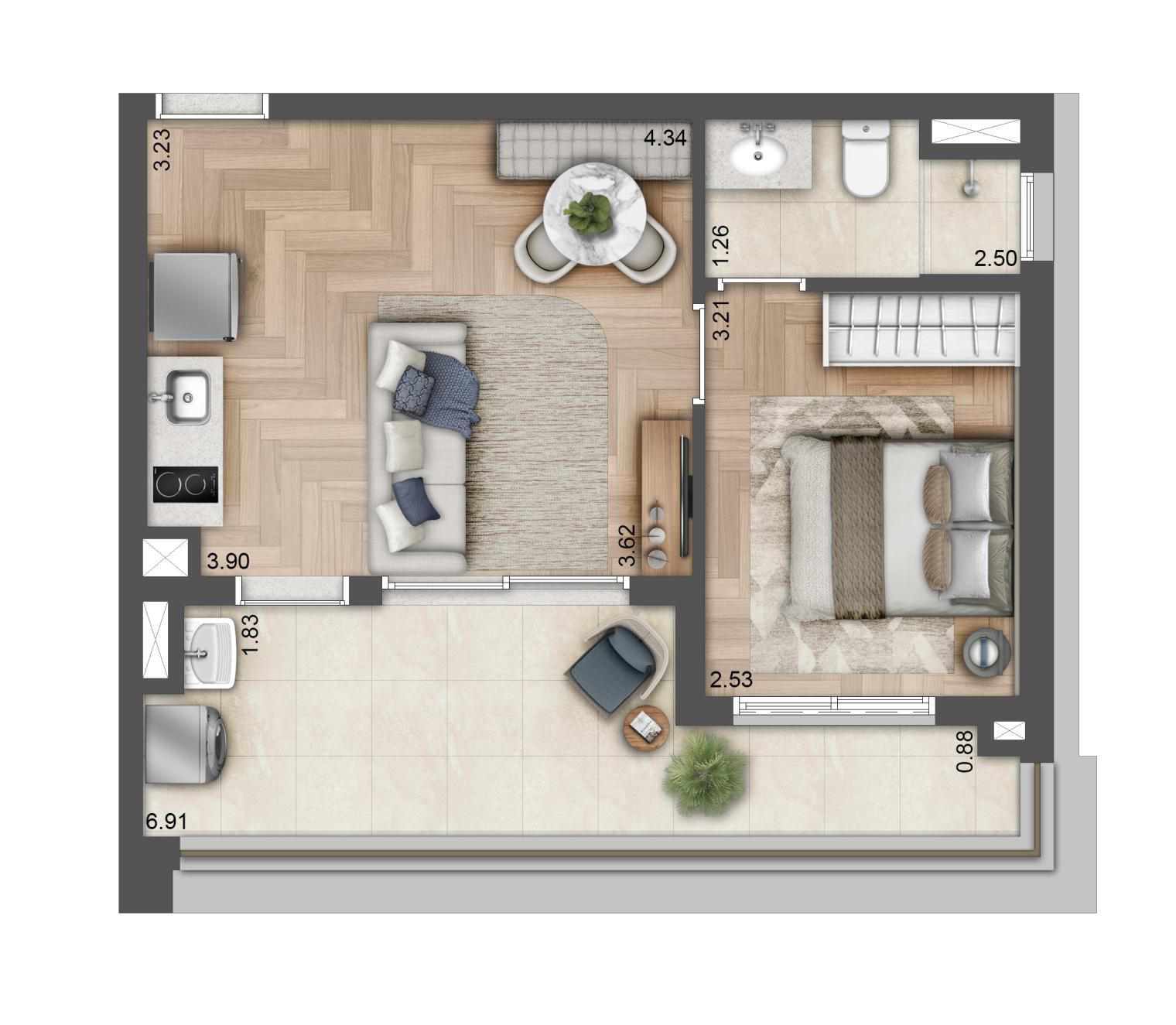 Planta 1 dormitório de 43 m² do T.O.M. Paraíso